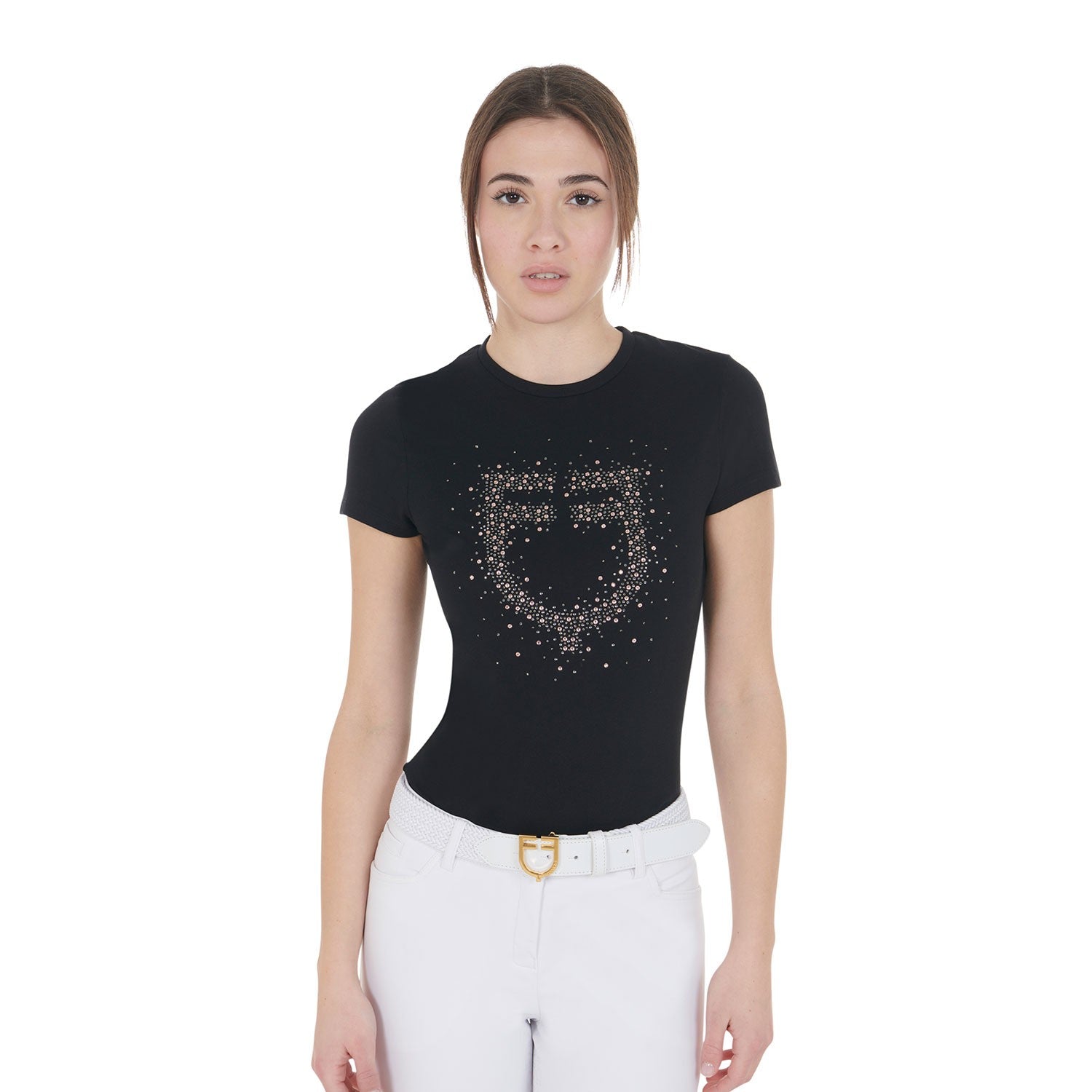 Camiseta de mujer de corte entallado con pedrería rosa - Negro