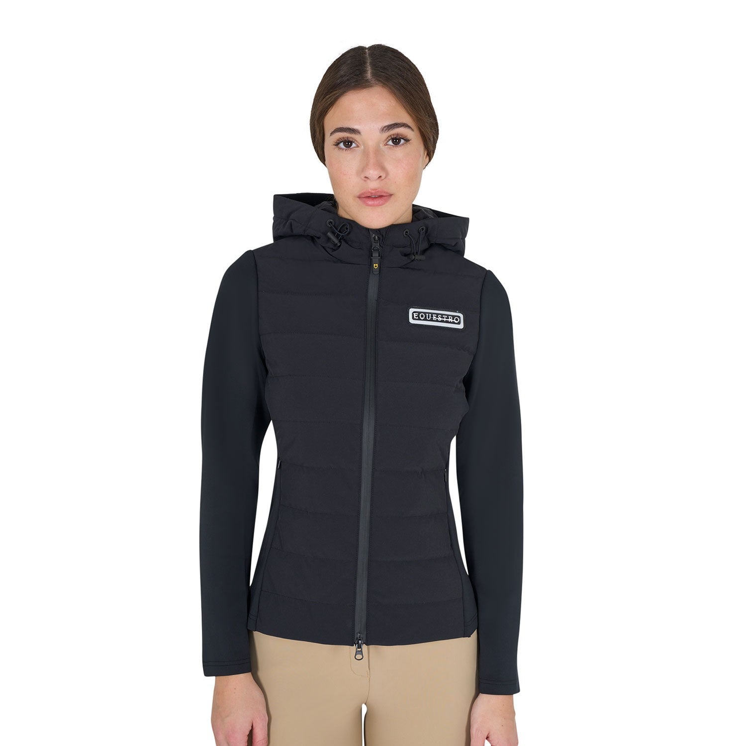 Chaqueta de plumón con capucha para mujer, mezcla técnica - Negro