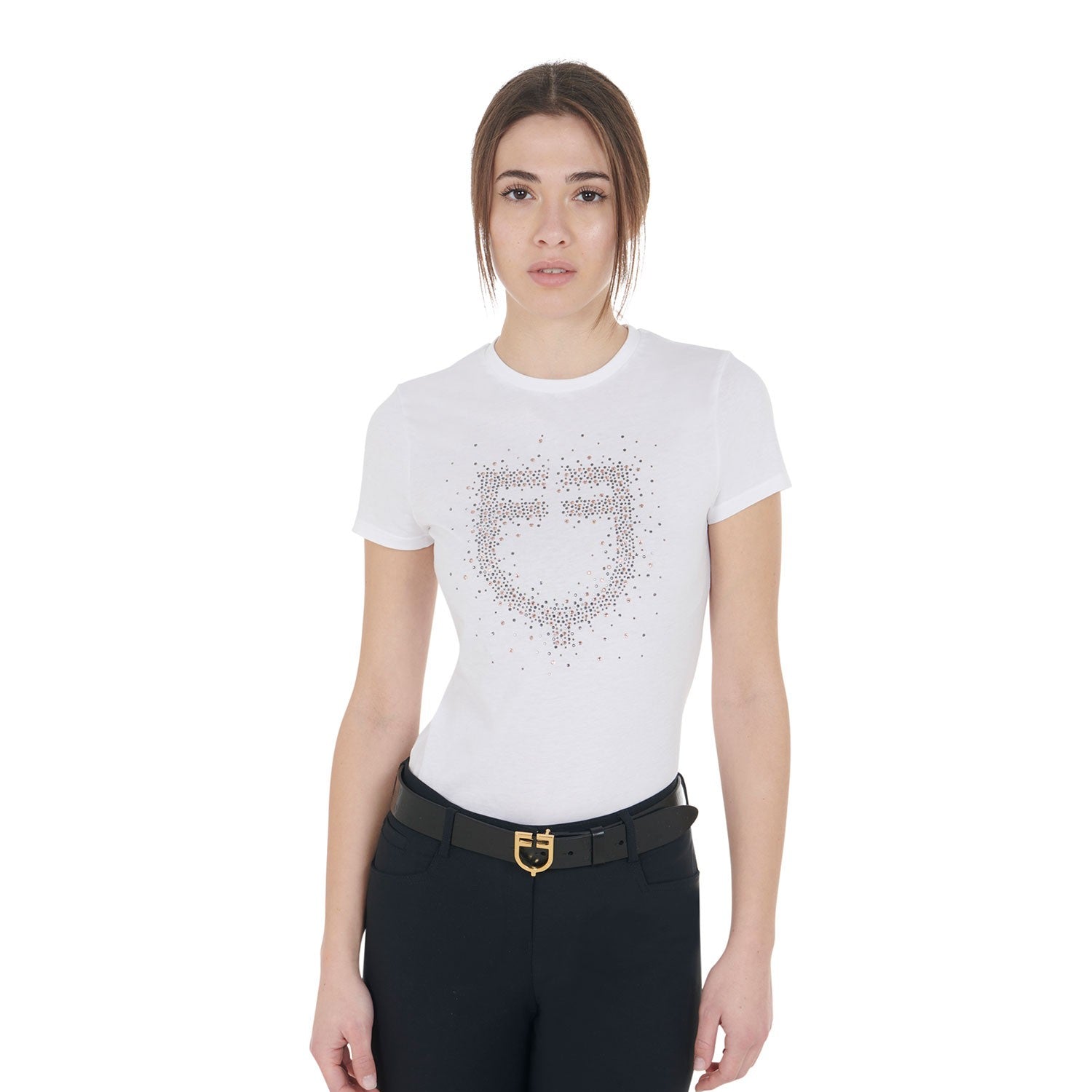Camiseta de mujer de corte entallado con pedrería rosa - Blanco