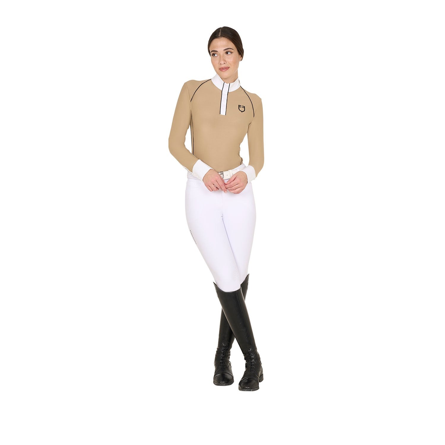 Polo de competición de corte entallado para mujer con inserciones de malla - Beige